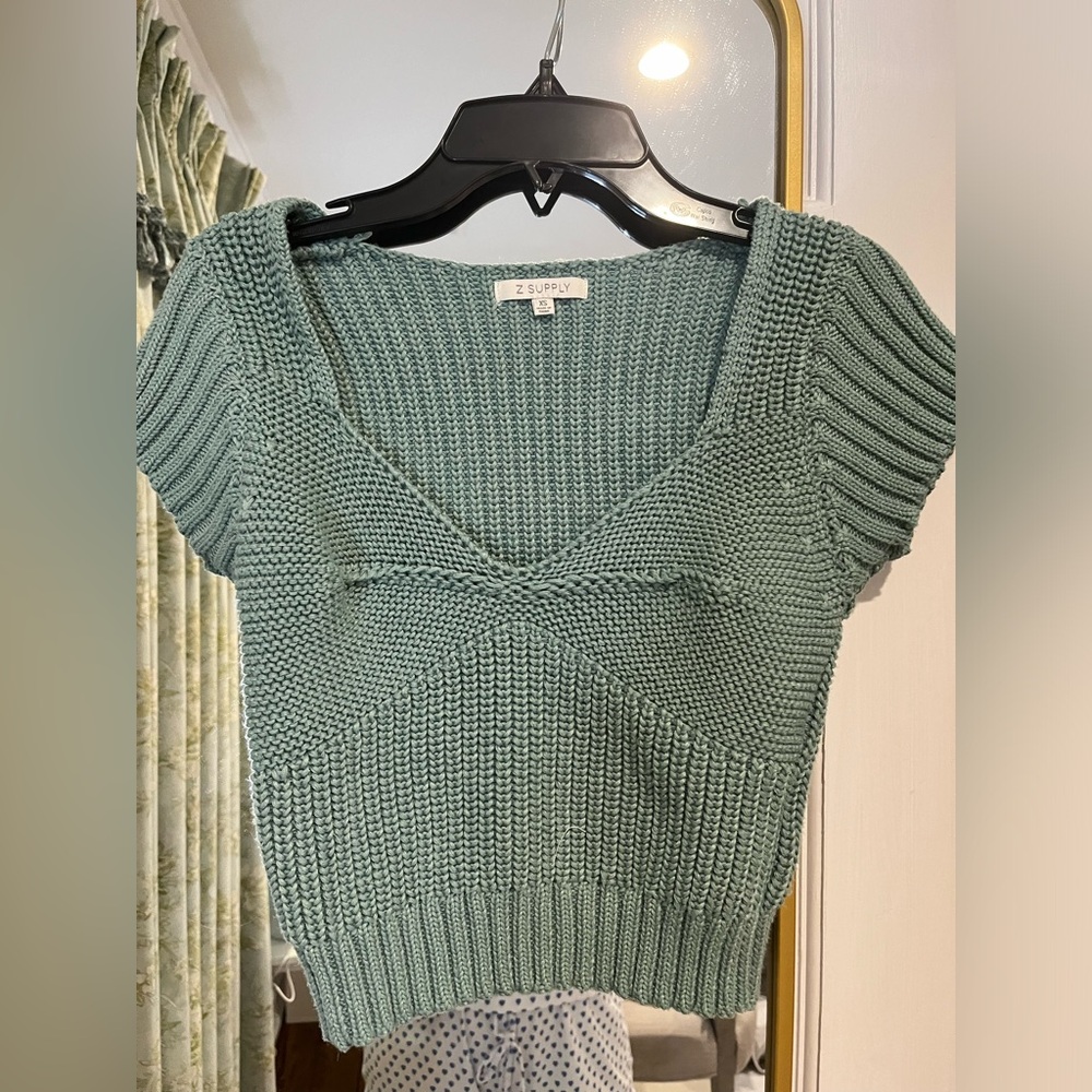 Z Supply Sage Green Knit Short Sleeve Sweater Top